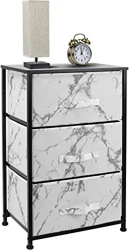 Sorbus Nightstand with 3 Drawers - Bedside Furniture & Night Stand End Table Dresser for Home, Bedroom Accessories, Office, College Dorm, Steel Frame, Wood Top (Marble White – Black Frame)
