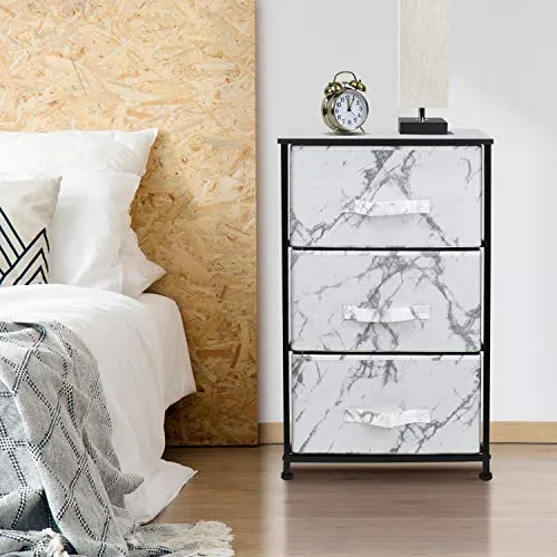 Sorbus Nightstand with 3 Drawers - Bedside Furniture & Night Stand End Table Dresser for Home, Bedroom Accessories, Office, College Dorm, Steel Frame, Wood Top (Marble White – Black Frame)