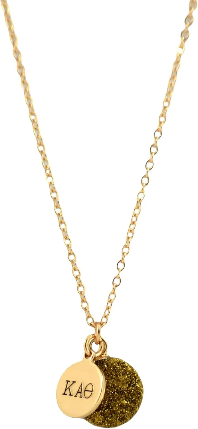 Sorority Shop KAT Necklace - Kappa Alpha Theta Metallic Gold Druzy Gemstone Necklace With Engraved Pendant – 14K Gold Dipped Jewelry with Gold Gemstone – Sorority Gift, Charm Paraphernalia