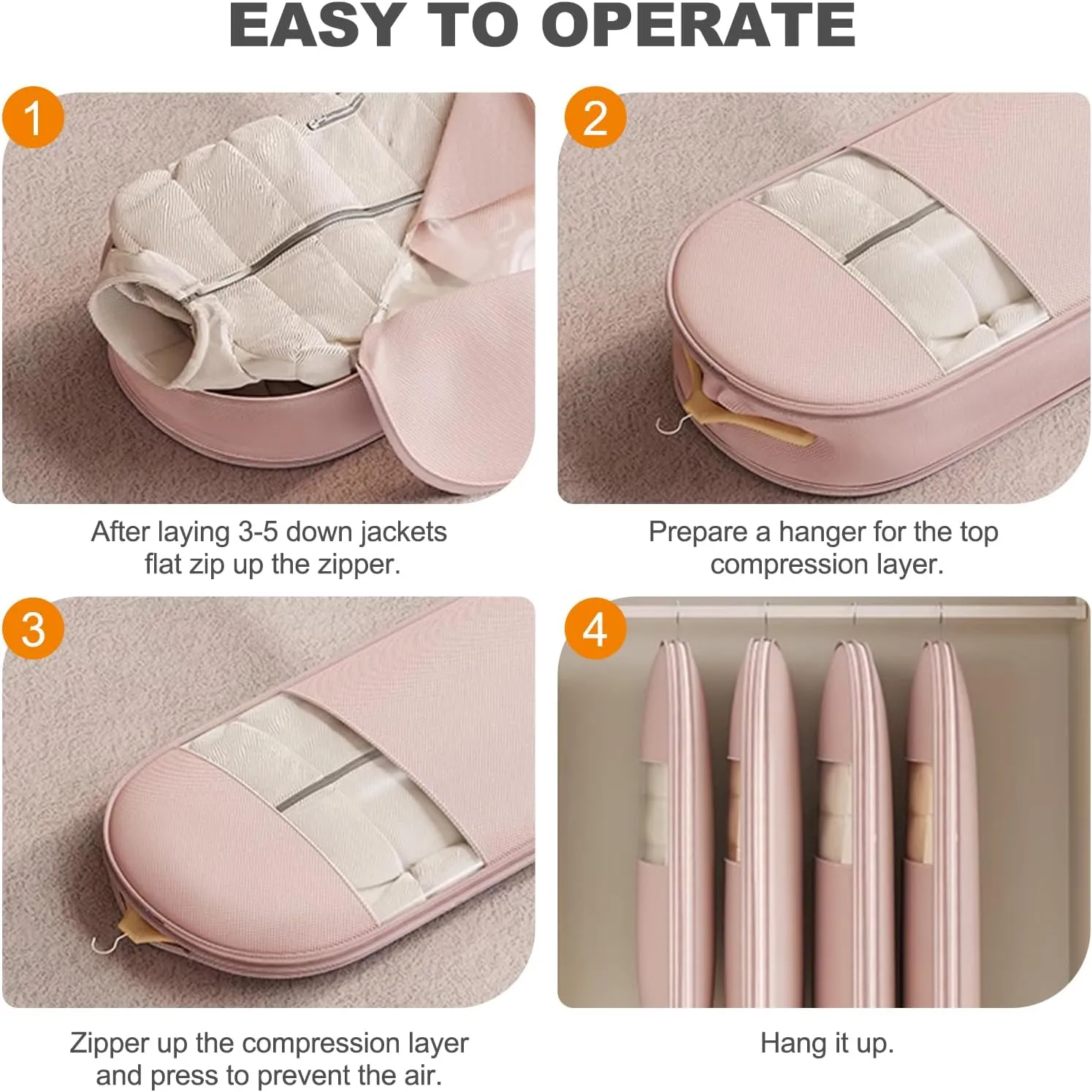 Space Saving Hanging Garment Bag with Self Compression Zipper, 2025 New Space Saver Closet Organizers, Dust Cover Clothes Bags for down Coat, For Closet Storage (Pink, X-Large)
