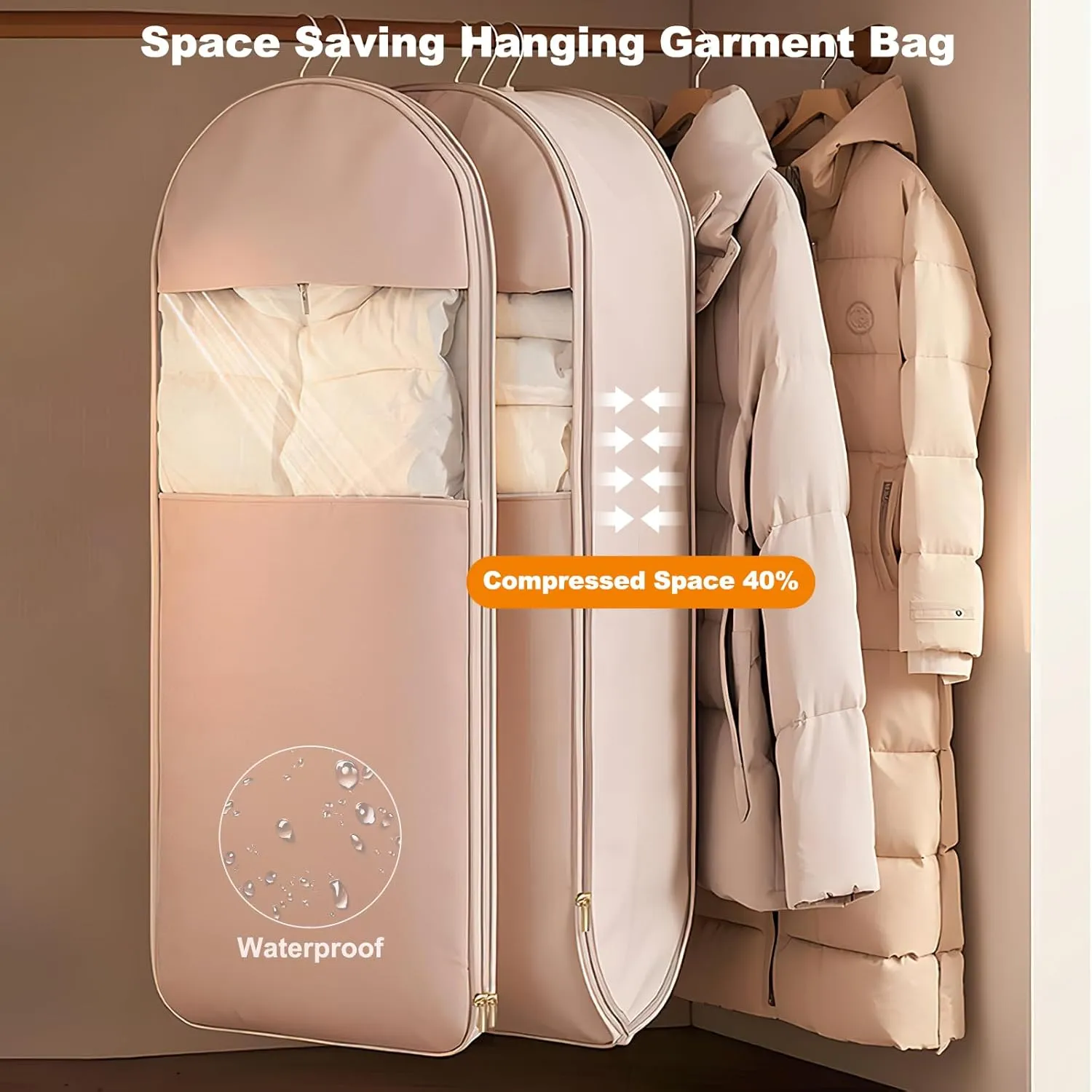 Space Saving Hanging Garment Bag with Self Compression Zipper, 2025 New Space Saver Closet Organizers, Dust Cover Clothes Bags for down Coat, For Closet Storage (Pink, X-Large)