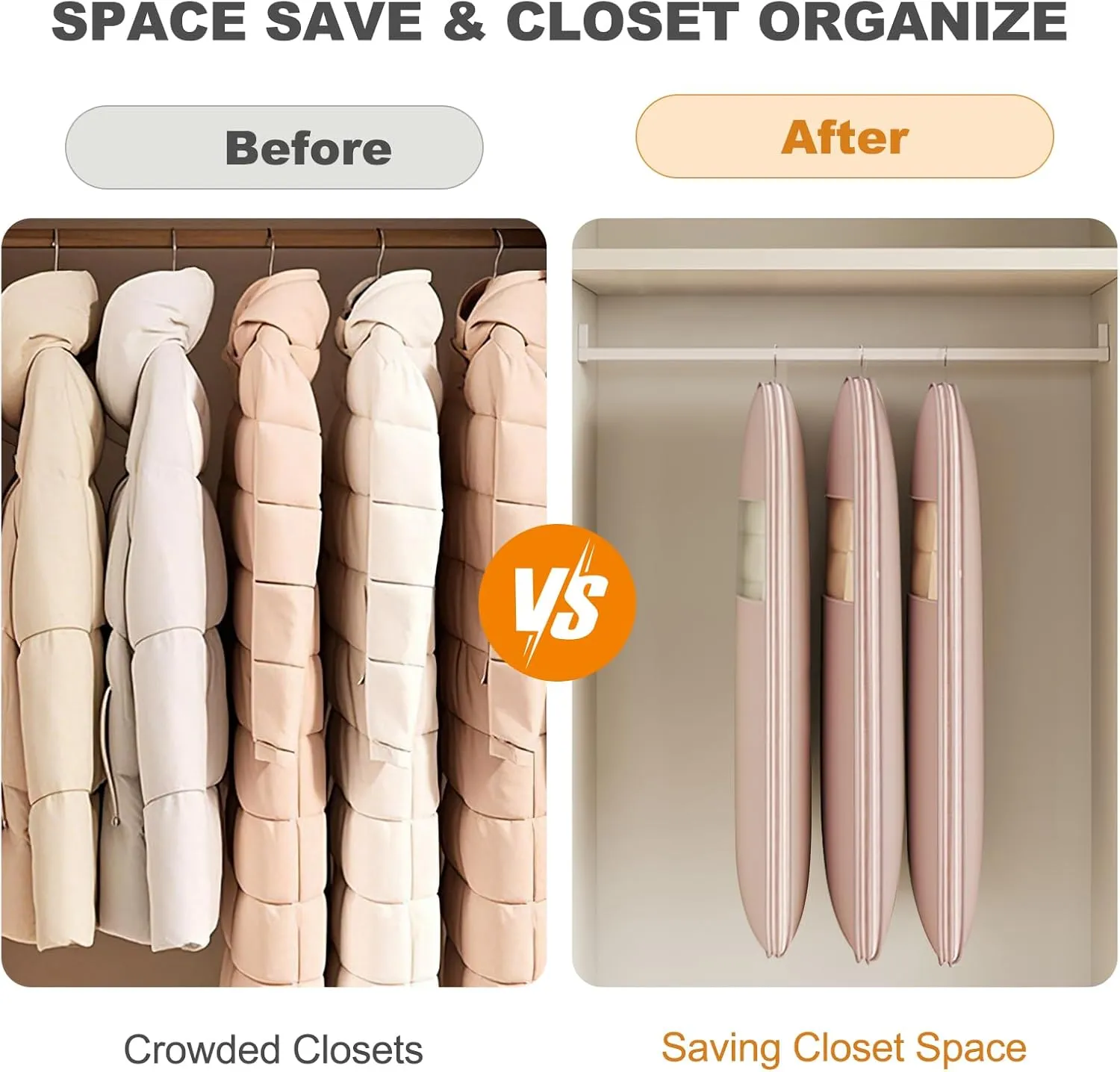 Space Saving Hanging Garment Bag with Self Compression Zipper, 2025 New Space Saver Closet Organizers, Dust Cover Clothes Bags for down Coat, For Closet Storage (Pink, X-Large)