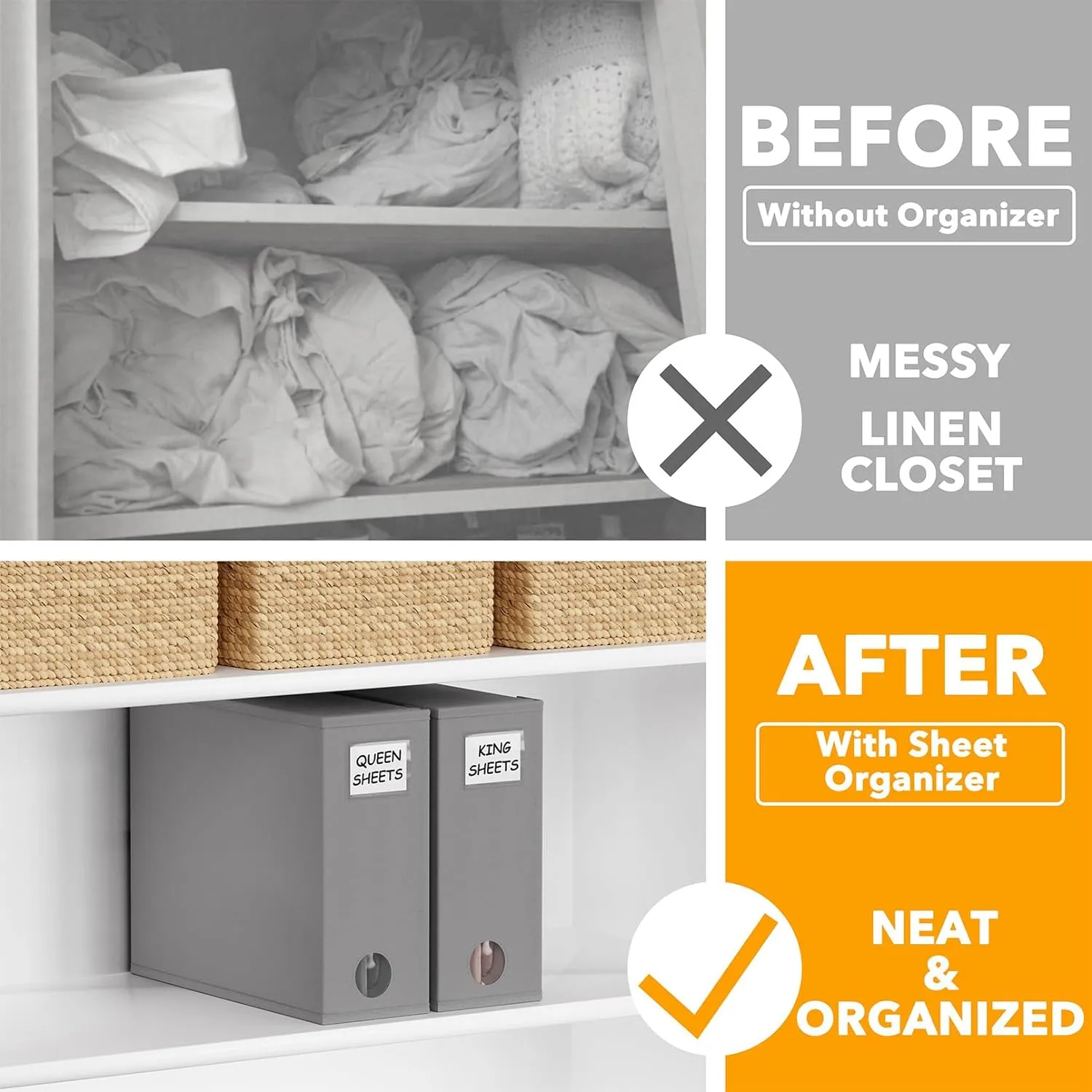 SpaceAid 2 Pack Foldable Sheet Organizer for Linen Closet, Gray