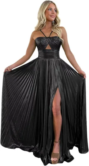 Sparkly Metallic Prom Dresses with Slit A Line Keyhole Satin Long Formal Party Dress for Women RO123