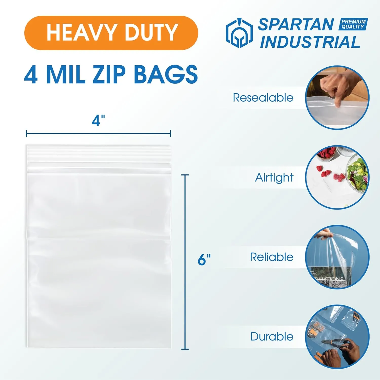 Spartan Industrial - 4” X 6” (1000 Count) 4 Mil Thick Clear Reclosable Zip Plastic Poly Bags with Resealable Lock Seal Zipper - Heavy Duty and Durable