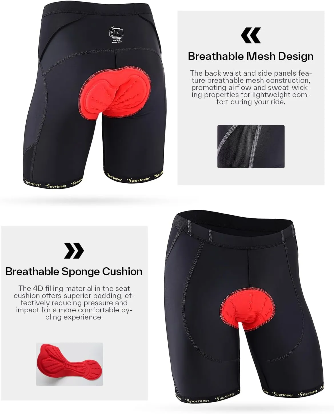 Sportneer Padded Bike Shorts for Men - 4D Padding Mens Bicycle Cycling Biking Clothing Shorts, Breathable and Absorbent