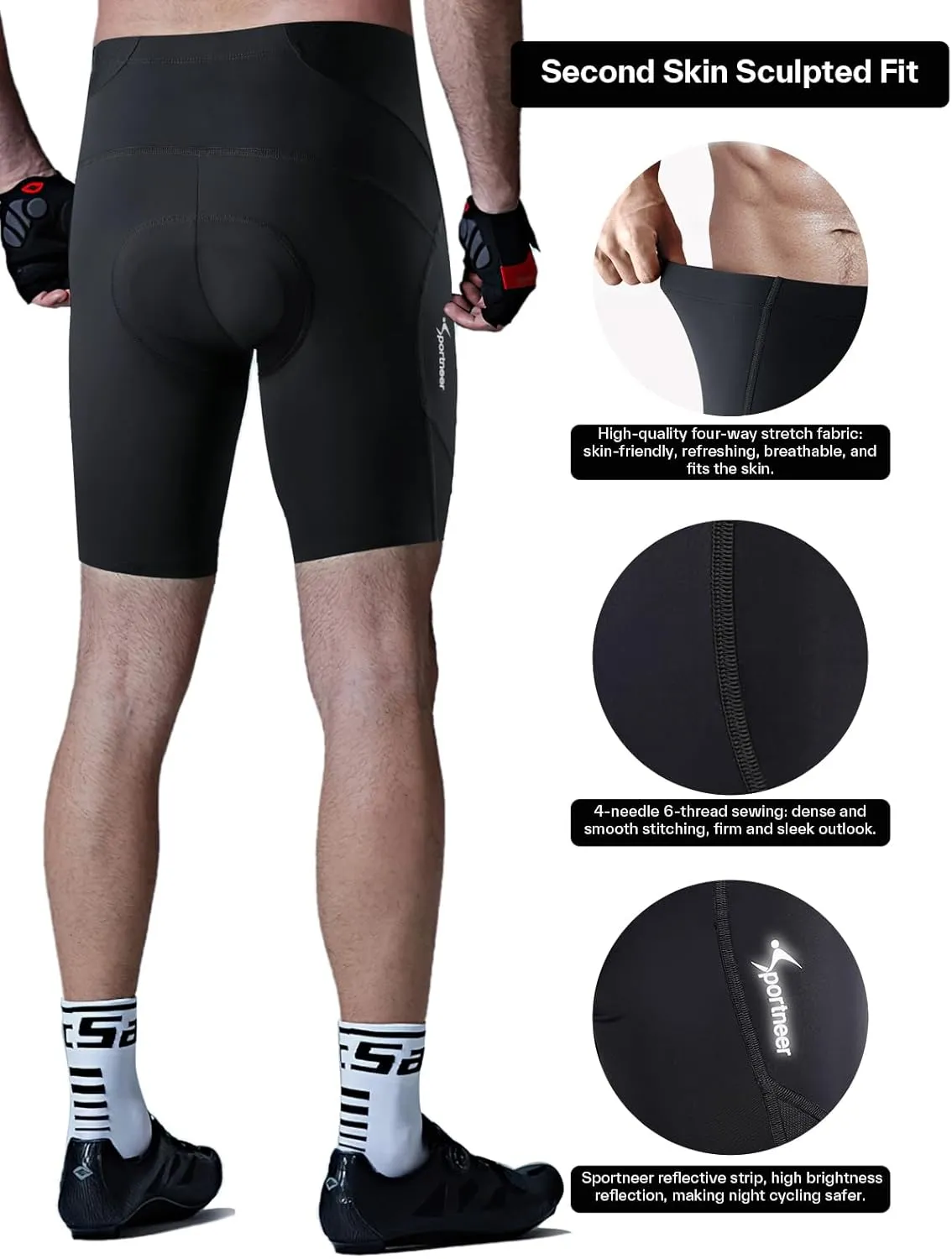 Sportneer Padded Bike Shorts for Men - 4D Padding Mens Bicycle Cycling Biking Clothing Shorts, Breathable and Absorbent