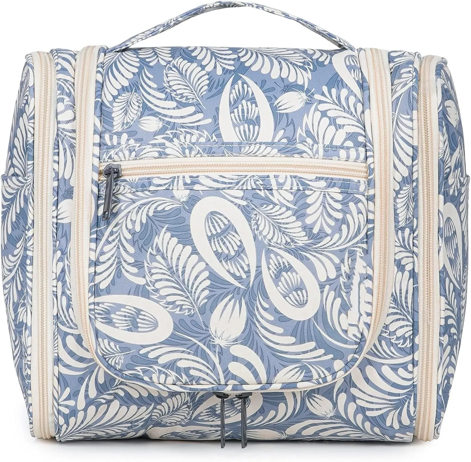 sportsnew Large Capacity Hanging Toiletry Bag Multifunctional Travel Full Size Makeup Organizer For Women Cosmetics Bag With Hook (Blue Leaf)