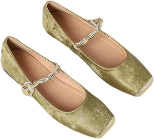 Square Toe Mary Jane Flats, Velvet Ballet Shoes with Twisted Strap, Available in Brown, Black, Green, Gold