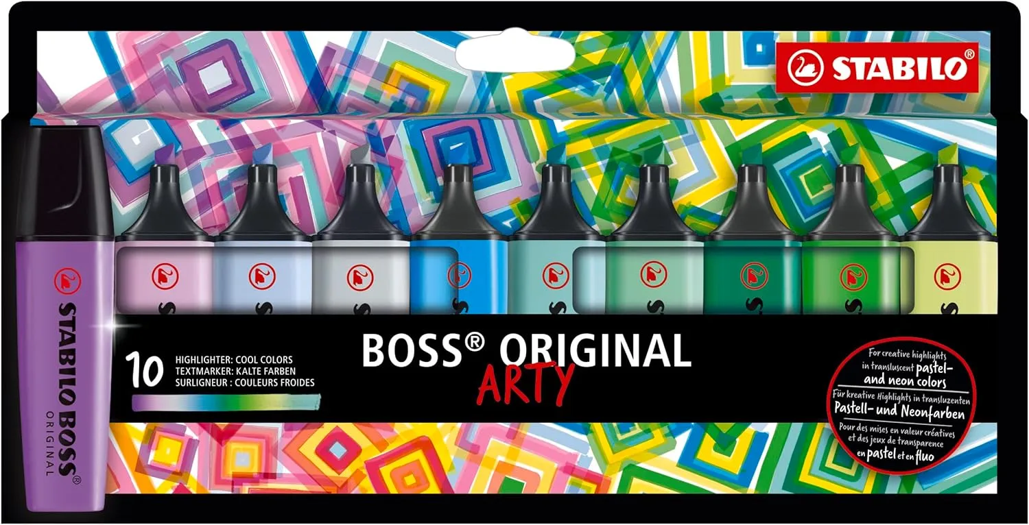 STABILO Highlighter BOSS ORIGINAL - ARTY - Pack of 10 - Cool Colors, Chisel Tip, Anti-Dry Out Technology