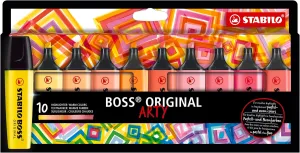 STABILO Highlighter BOSS ORIGINAL - ARTY - Pack of 10 - Warm Colors, Chisel Tip, Anti-Dry Out Technology