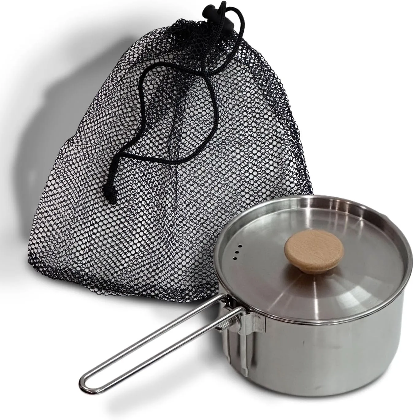 Stainless Steel Camping Pot with Lid and Mesh Bag Backpacking Camping Cookware Pot and Pan Set for Hiking
