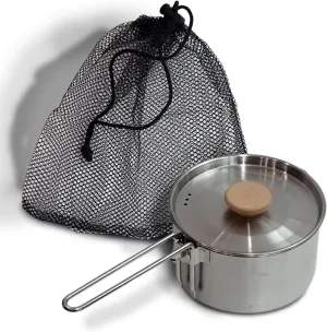Stainless Steel Camping Pot with Lid and Mesh Bag Backpacking Camping Cookware Pot and Pan Set for Hiking