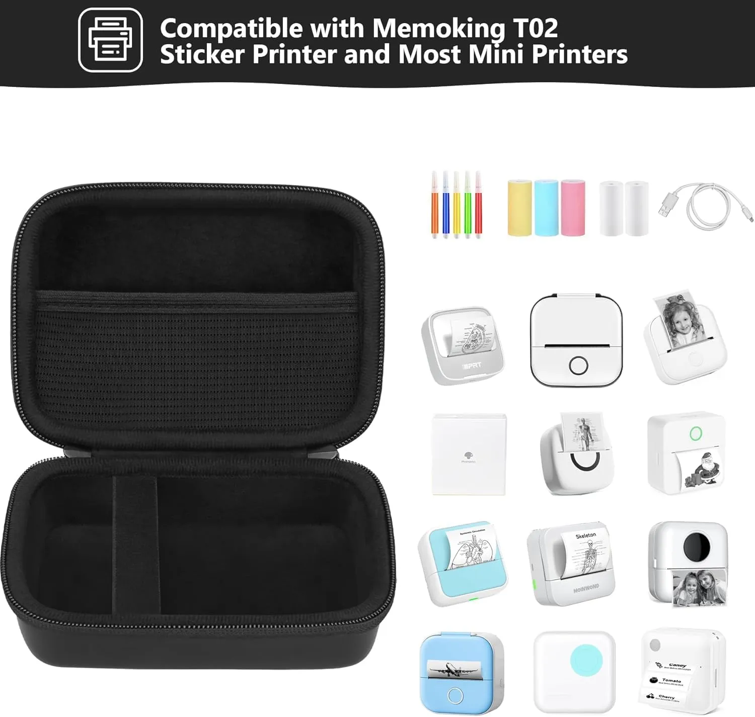 Sticker Printer Case Compatible with Memoking T02/for iDPRT/for Phomemo/for Anycash/for Ponek/for cabaro Mini Sticker Printer, Print Pods Mini Printer Storage Bag for Accessories, Black