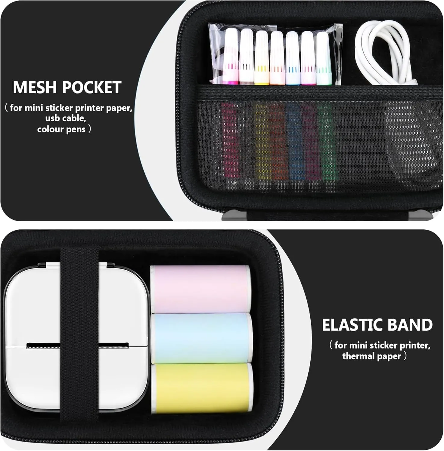 Sticker Printer Case Compatible with Memoking T02/for iDPRT/for Phomemo/for Anycash/for Ponek/for cabaro Mini Sticker Printer, Print Pods Mini Printer Storage Bag for Accessories, Black