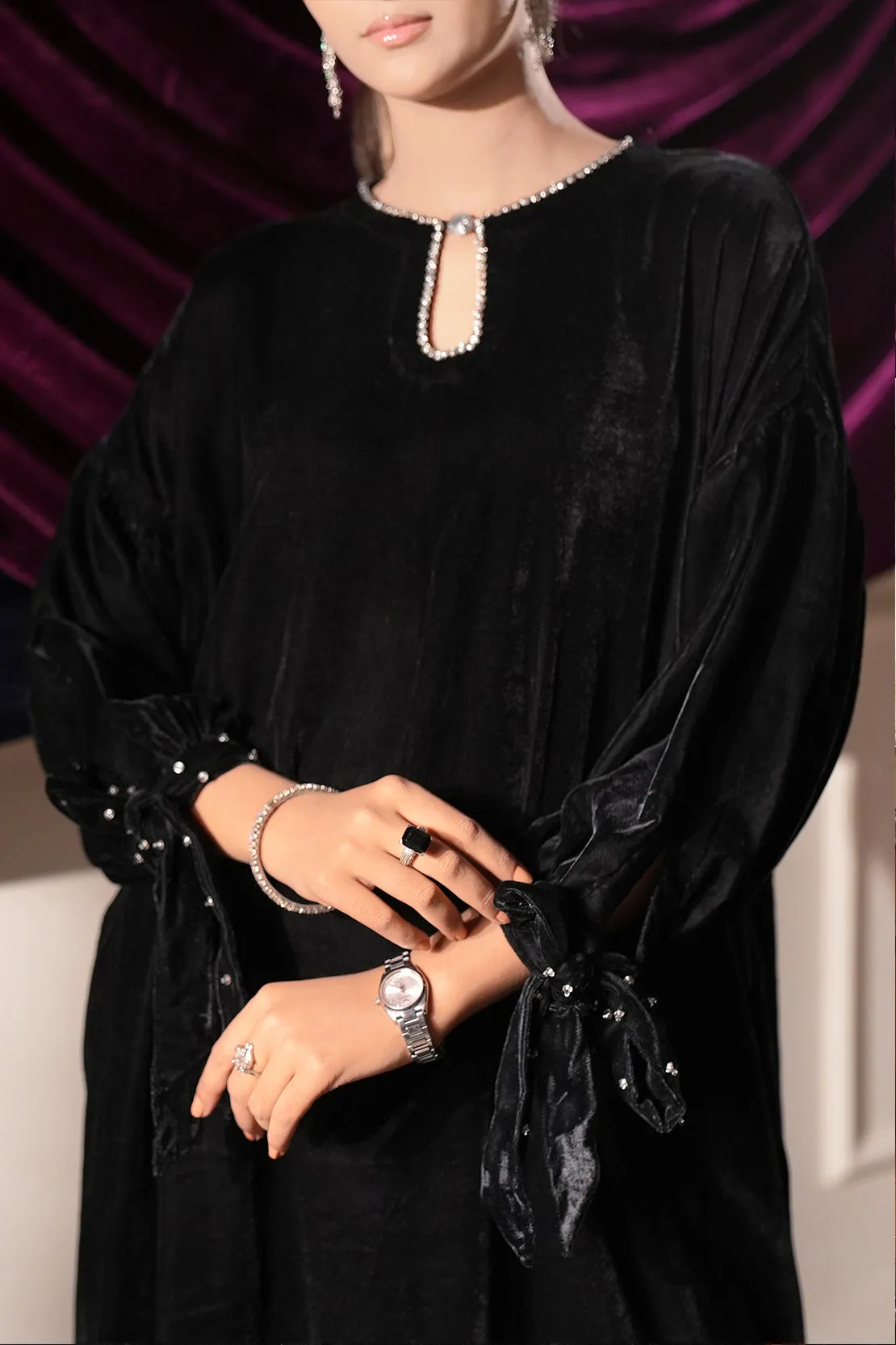 Stitched Velvet Embellished long shirt
