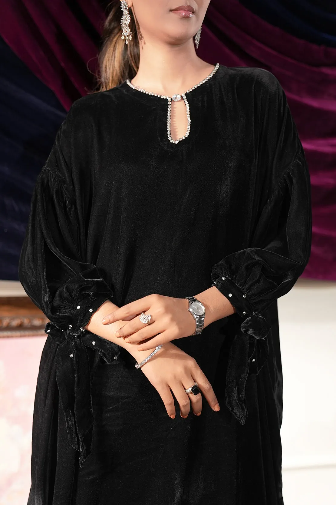Stitched Velvet Embellished long shirt