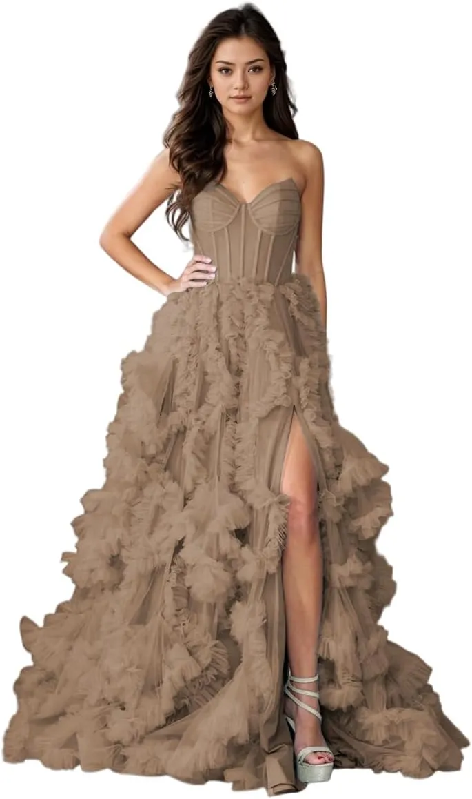 Strapless Prom Dress for Women Tulle A Line Long Boning Split Side Evening Ball Gown Formal 2025
