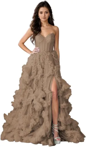 Strapless Prom Dress for Women Tulle A Line Long Boning Split Side Evening Ball Gown Formal 2025