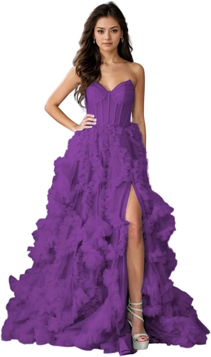 Strapless Prom Dress for Women Tulle A Line Long Boning Split Side Evening Ball Gown Formal 2025