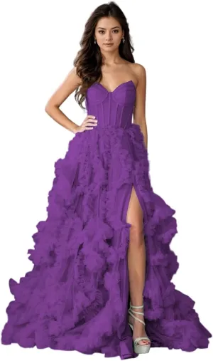 Strapless Prom Dress for Women Tulle A Line Long Boning Split Side Evening Ball Gown Formal 2025