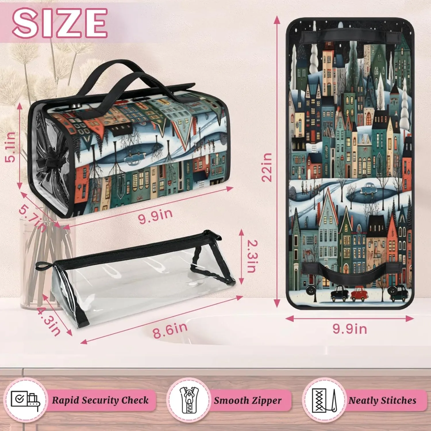 Street House Toiletry Bag Water Proof Travel Makeup Case Large Capacity 4 in 1 Foldable Cosmetics Storage for Women Men Removable Zipper Clear PVC Pockets