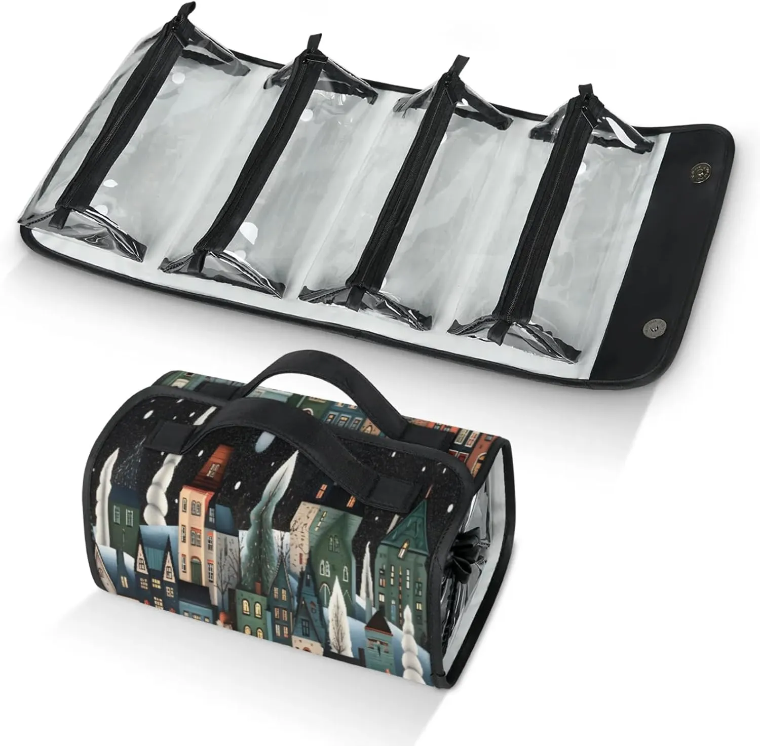 Street House Toiletry Bag Water Proof Travel Makeup Case Large Capacity 4 in 1 Foldable Cosmetics Storage for Women Men Removable Zipper Clear PVC Pockets