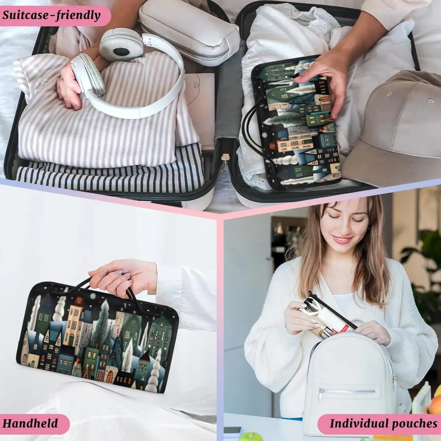 Street House Toiletry Bag Water Proof Travel Makeup Case Large Capacity 4 in 1 Foldable Cosmetics Storage for Women Men Removable Zipper Clear PVC Pockets