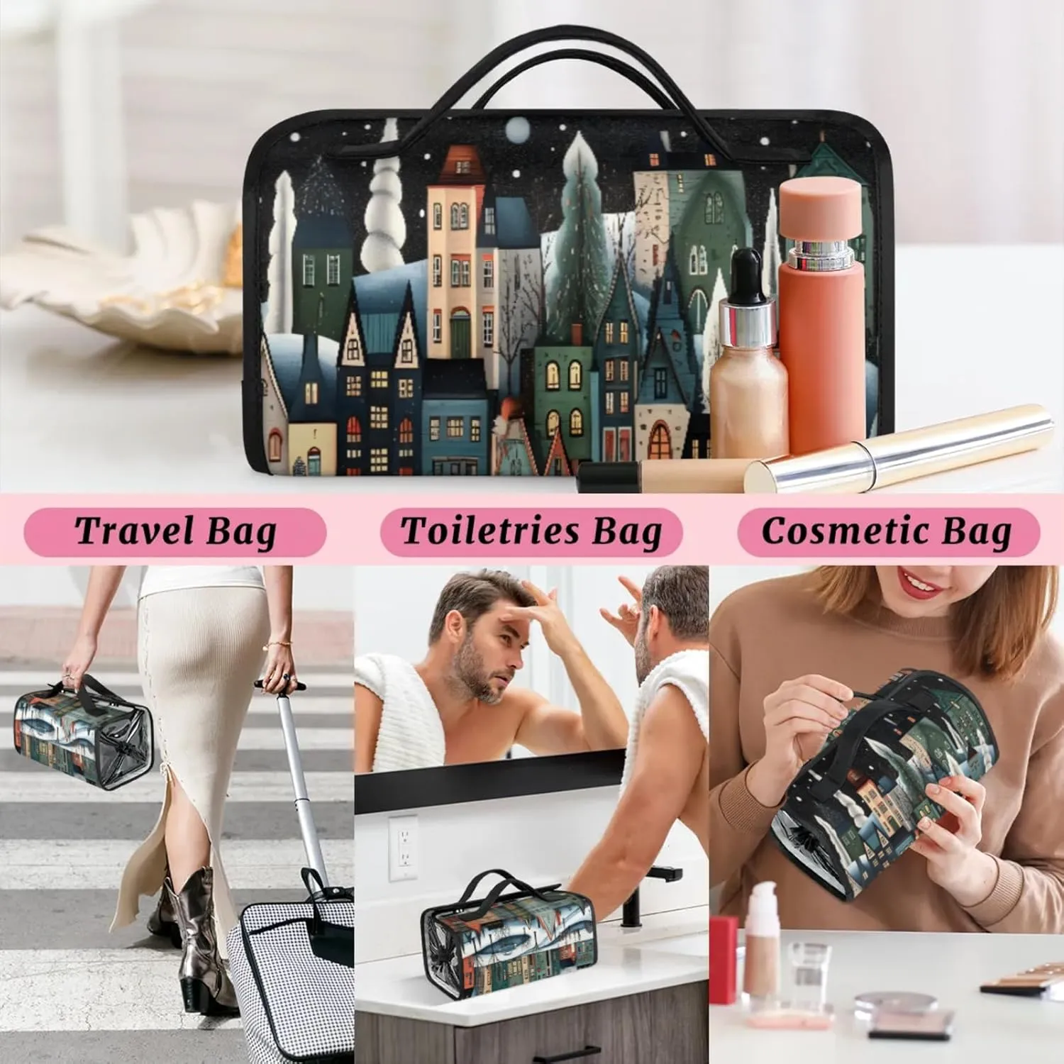 Street House Toiletry Bag Water Proof Travel Makeup Case Large Capacity 4 in 1 Foldable Cosmetics Storage for Women Men Removable Zipper Clear PVC Pockets