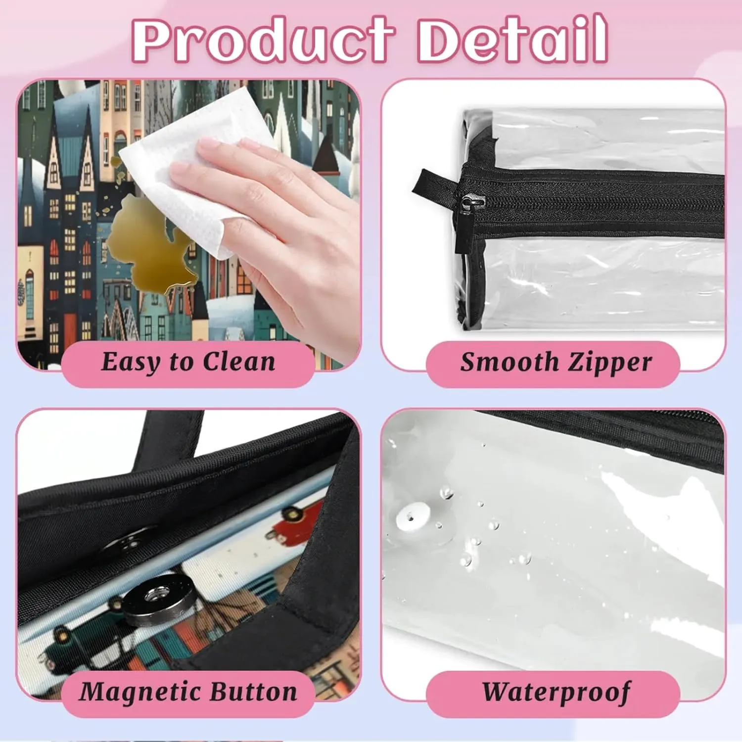 Street House Toiletry Bag Water Proof Travel Makeup Case Large Capacity 4 in 1 Foldable Cosmetics Storage for Women Men Removable Zipper Clear PVC Pockets
