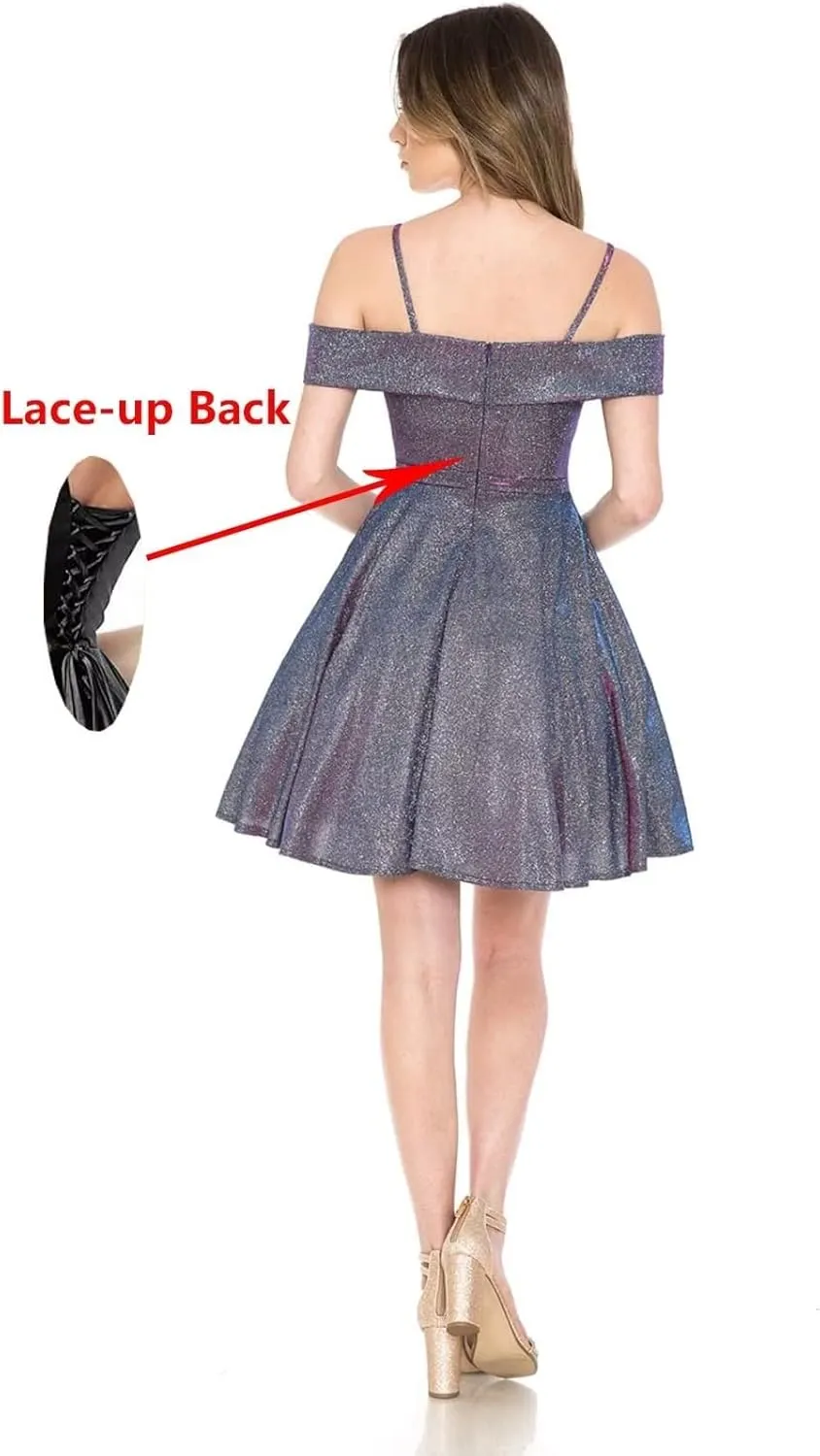 Stunning Women's Off Shoulder Homecoming Dresses Short Sparkly Glitter Prom Gowns with Pleats Pockets