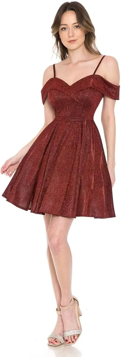 Stunning Women's Off Shoulder Homecoming Dresses Short Sparkly Glitter Prom Gowns with Pleats Pockets