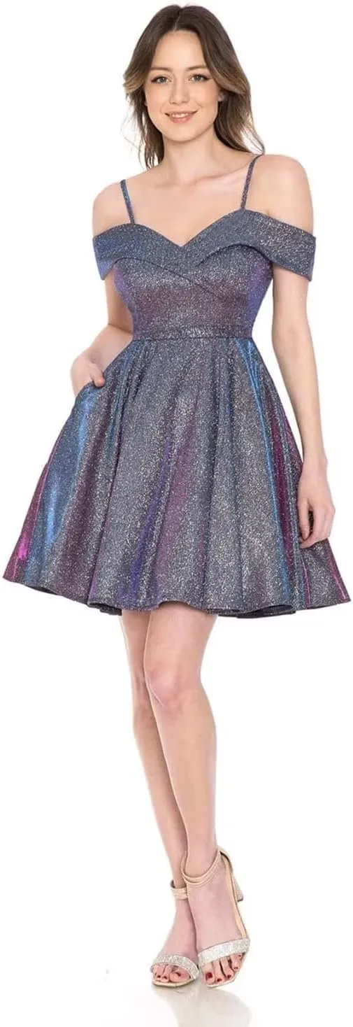 Stunning Women's Off Shoulder Homecoming Dresses Short Sparkly Glitter Prom Gowns with Pleats Pockets