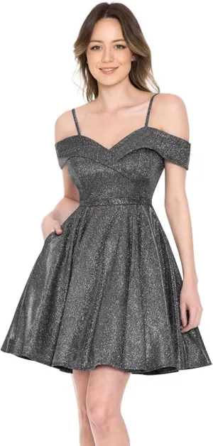 Stunning Women's Off Shoulder Homecoming Dresses Short Sparkly Glitter Prom Gowns with Pleats Pockets