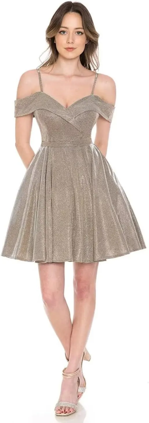Stunning Women's Off Shoulder Homecoming Dresses Short Sparkly Glitter Prom Gowns with Pleats Pockets