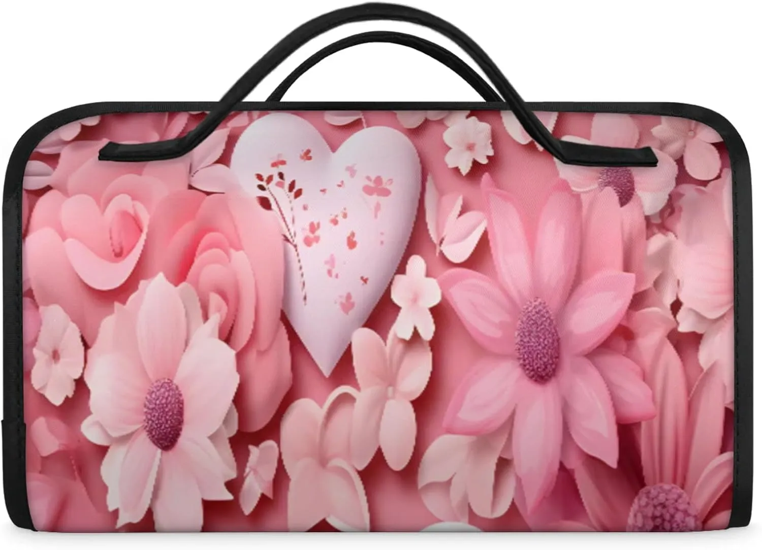 Style Flower Romance Toiletry Bag Water Proof Travel Makeup Case Large Capacity 4 in 1 Foldable Cosmetics Storage for Women Men Removable Zipper Clear PVC Pockets