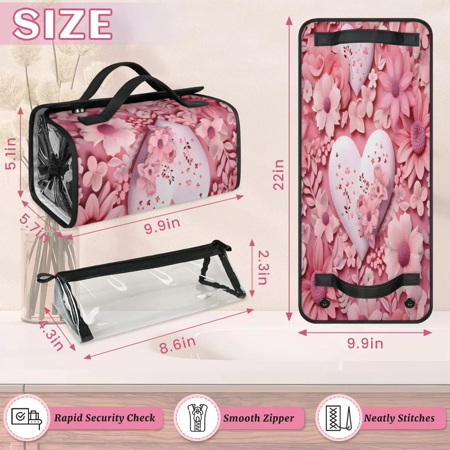 Style Flower Romance Toiletry Bag Water Proof Travel Makeup Case Large Capacity 4 in 1 Foldable Cosmetics Storage for Women Men Removable Zipper Clear PVC Pockets