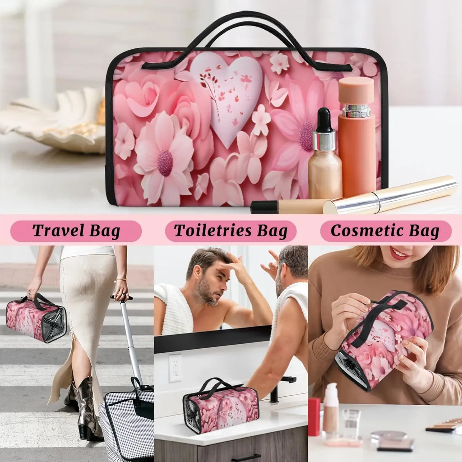 Style Flower Romance Toiletry Bag Water Proof Travel Makeup Case Large Capacity 4 in 1 Foldable Cosmetics Storage for Women Men Removable Zipper Clear PVC Pockets