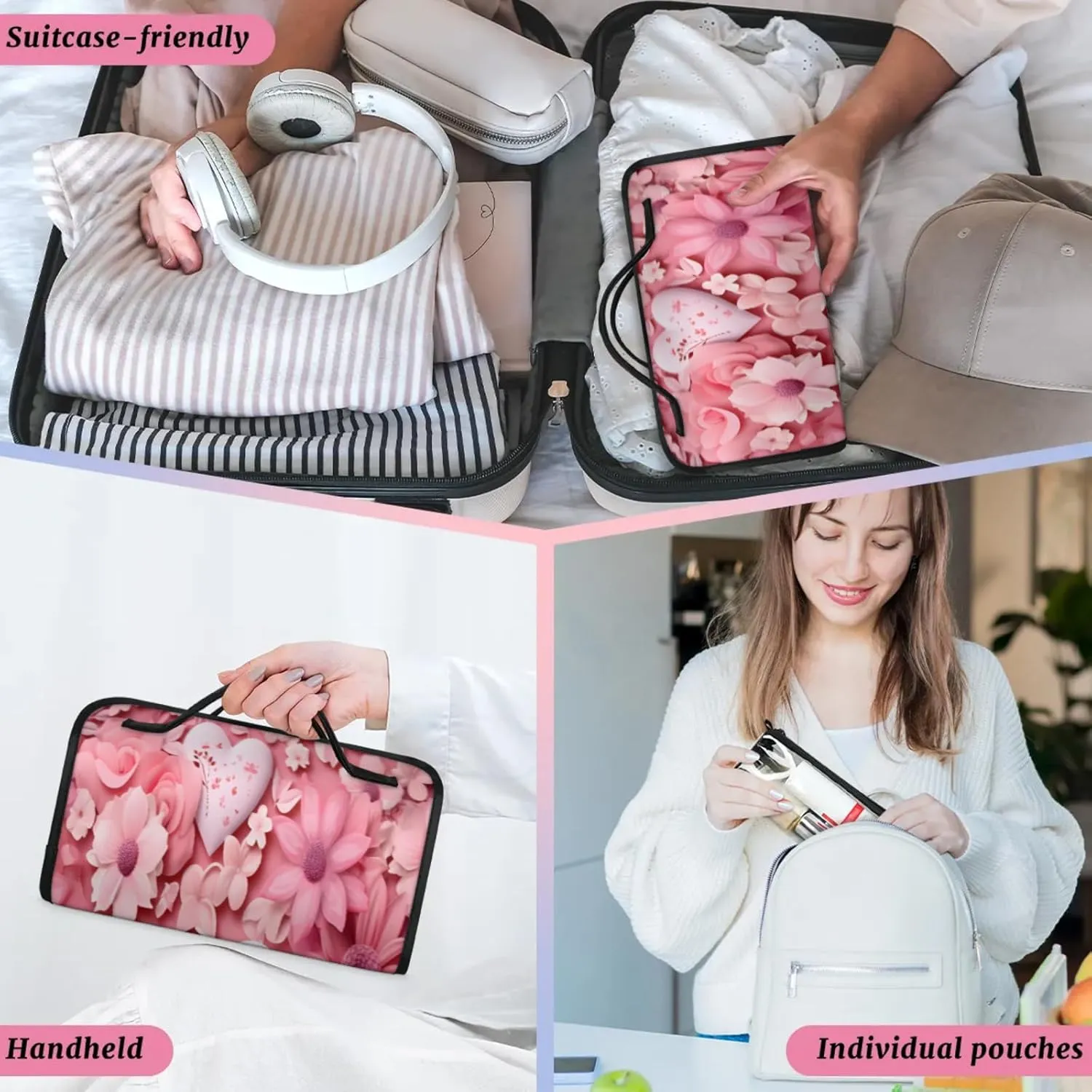 Style Flower Romance Toiletry Bag Water Proof Travel Makeup Case Large Capacity 4 in 1 Foldable Cosmetics Storage for Women Men Removable Zipper Clear PVC Pockets