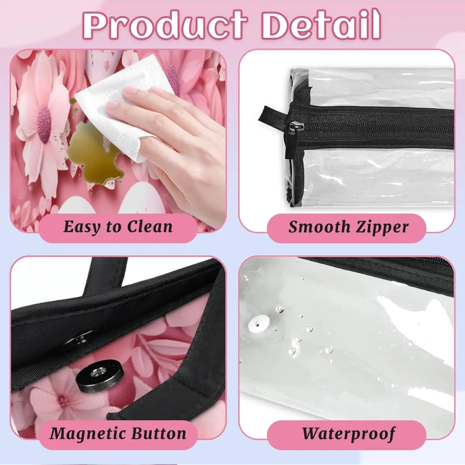 Style Flower Romance Toiletry Bag Water Proof Travel Makeup Case Large Capacity 4 in 1 Foldable Cosmetics Storage for Women Men Removable Zipper Clear PVC Pockets