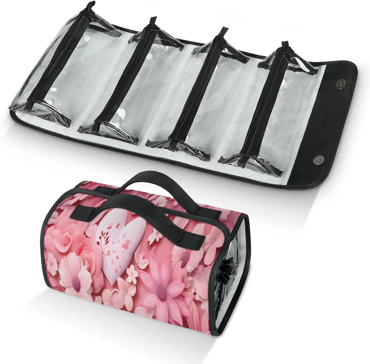 Style Flower Romance Toiletry Bag Water Proof Travel Makeup Case Large Capacity 4 in 1 Foldable Cosmetics Storage for Women Men Removable Zipper Clear PVC Pockets
