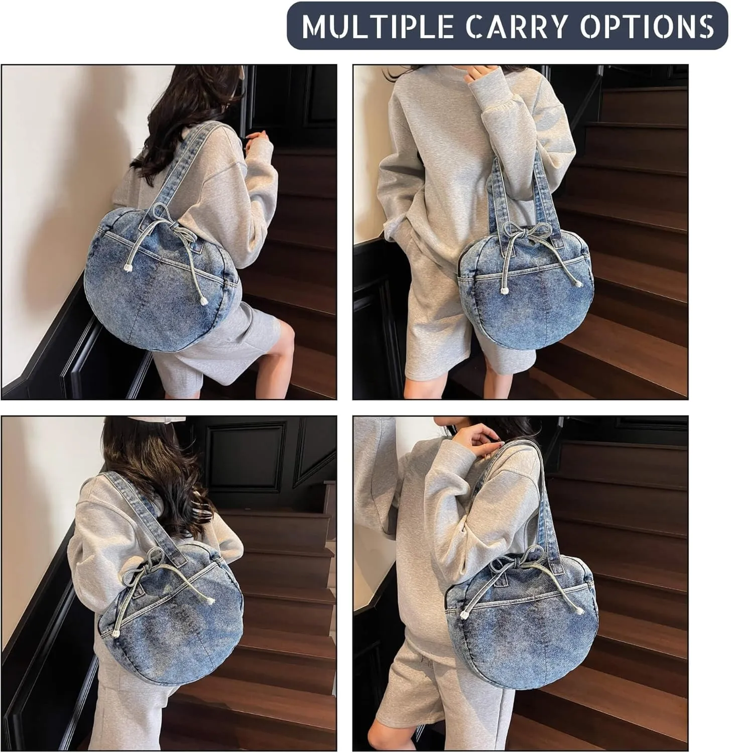 Stylish Round Denim Shoulder Bag with Bow, Lightweight Tote Bag for Women, Casual Retro Aesthetic Handbag for Work Travel