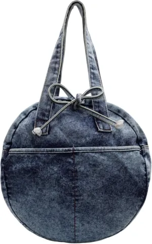 Stylish Round Denim Shoulder Bag with Bow, Lightweight Tote Bag for Women, Casual Retro Aesthetic Handbag for Work Travel