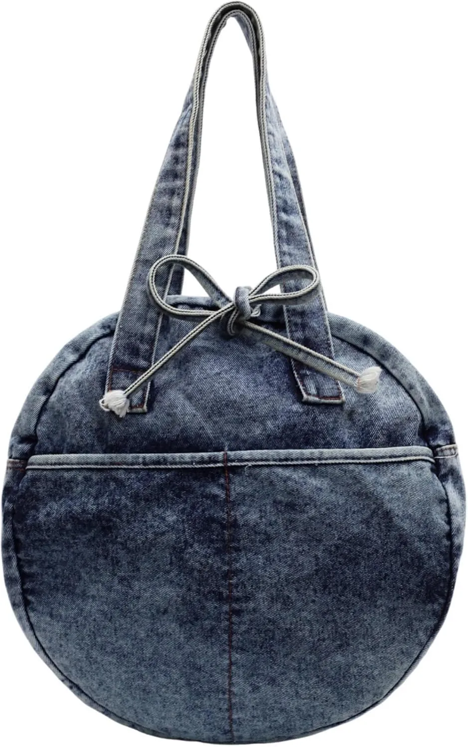 Stylish Round Denim Shoulder Bag with Bow, Lightweight Tote Bag for Women, Casual Retro Aesthetic Handbag for Work Travel