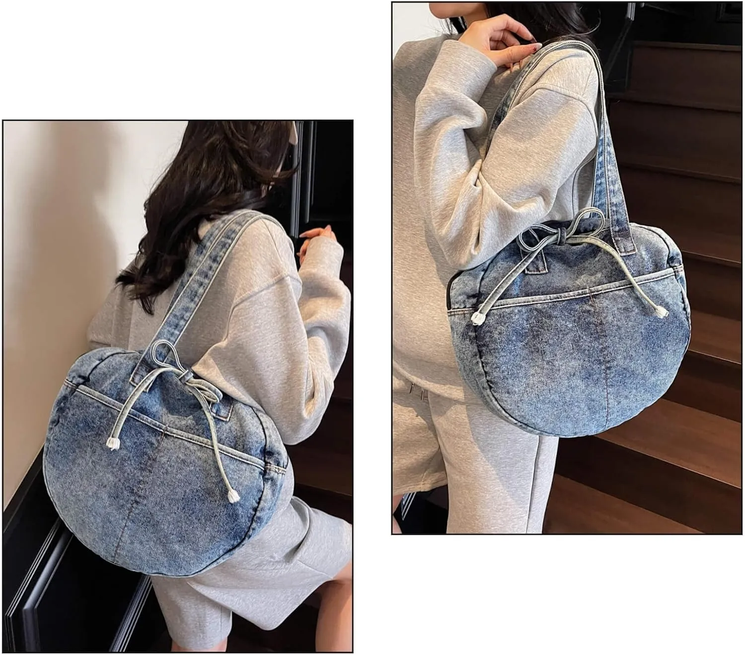 Stylish Round Denim Shoulder Bag with Bow, Lightweight Tote Bag for Women, Casual Retro Aesthetic Handbag for Work Travel