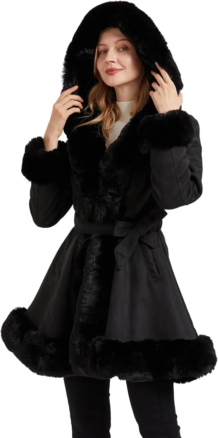 Suede Jacket With Faux Fur Collar for Women,Winter Warm Coat with Belt Outerwear