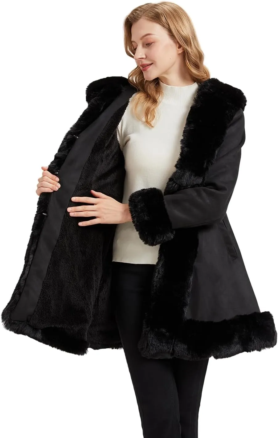 Suede Jacket With Faux Fur Collar for Women,Winter Warm Coat with Belt Outerwear