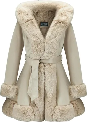 Suede Jacket With Faux Fur Collar for Women,Winter Warm Coat with Belt Outerwear
