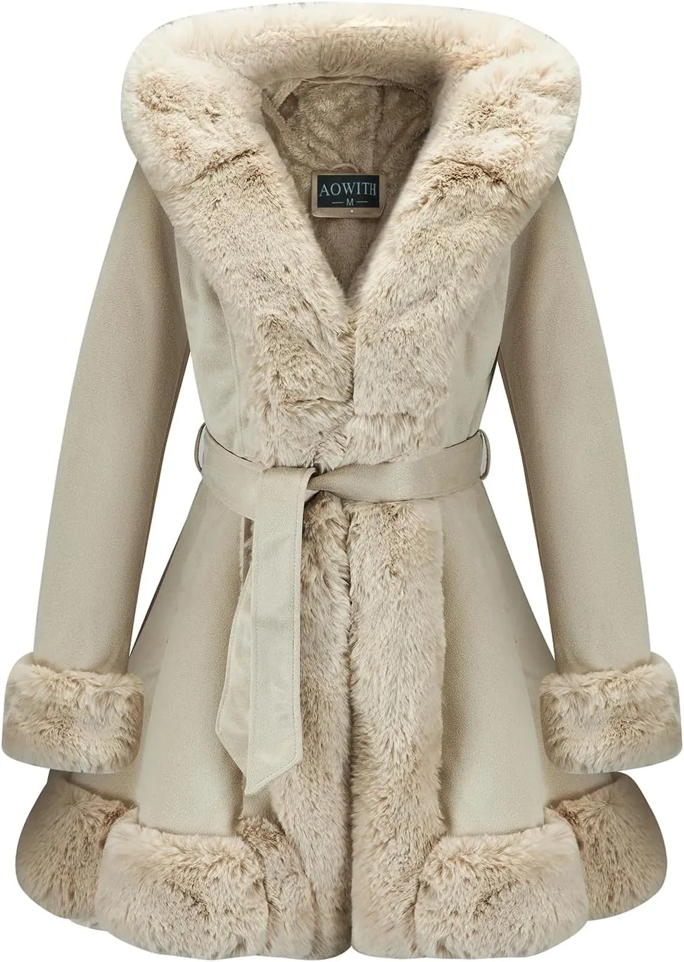 Suede Jacket With Faux Fur Collar for Women,Winter Warm Coat with Belt Outerwear