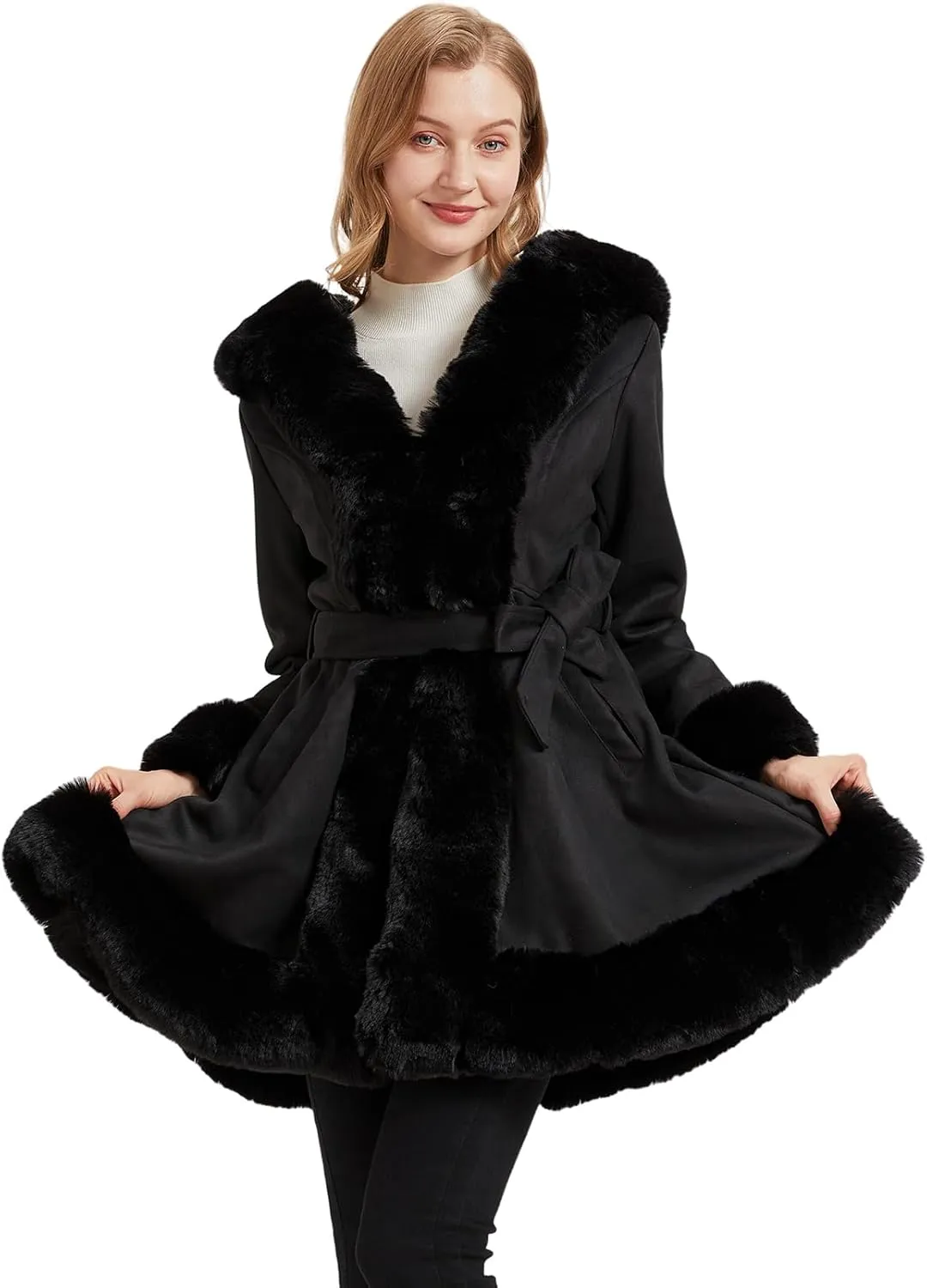 Suede Jacket With Faux Fur Collar for Women,Winter Warm Coat with Belt Outerwear